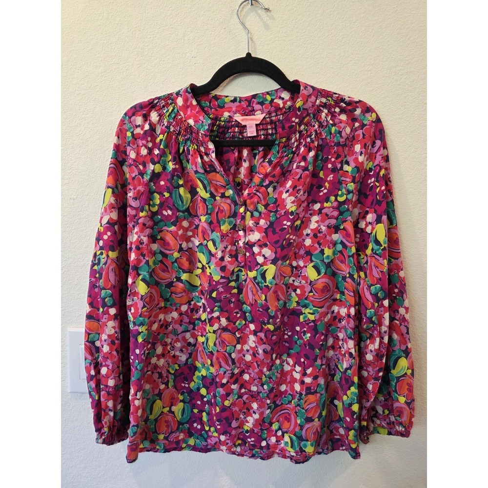 Lilly Pulitzer Elsa Pink Floral Top Sz XXS Wild Confetti Print 100% Silk Luxury